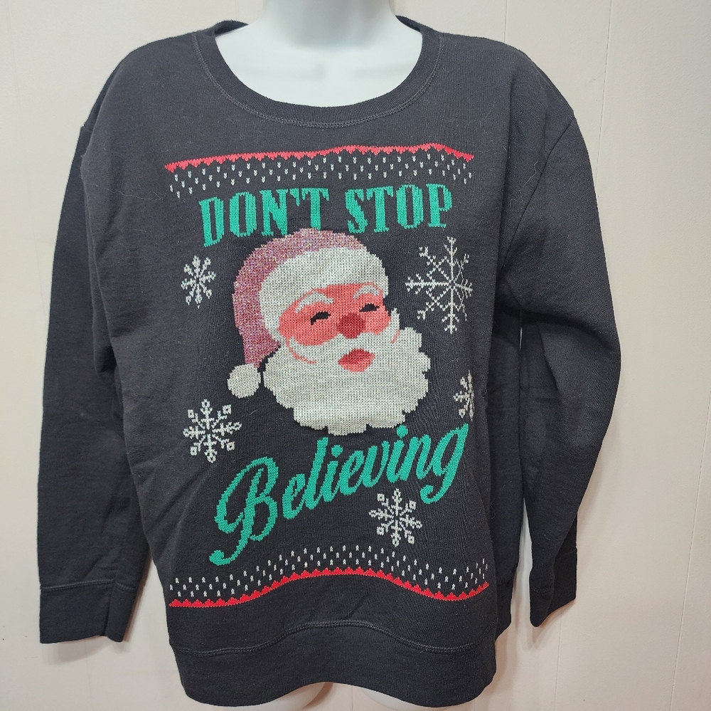 Santa Christmas Sweatshirt Large Don't Stop Believing Shimmer Holiday Xmas C130Z